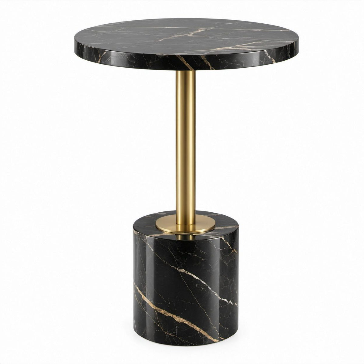 Mesa Lateral Redonda Preta com Efeito Mármore e Dourado Ø50 x 60 cm
