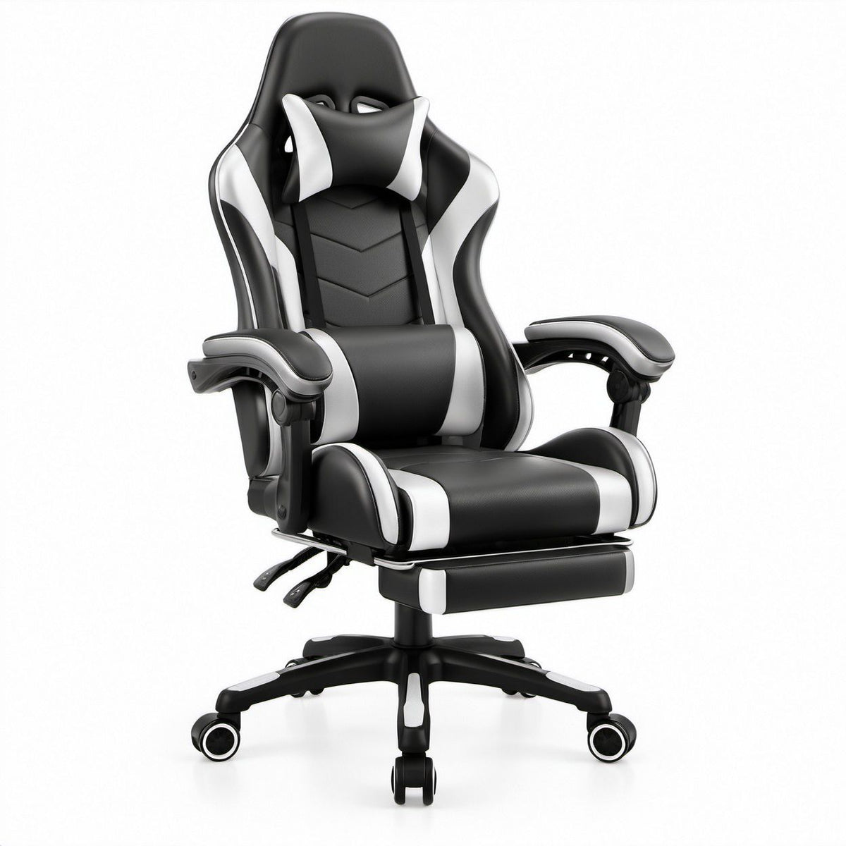 Cadeira Gaming Reclinável Preta e Branca em Couro Sintético PU com Apoio para Pés, 70 x 70 x 125-135 cm