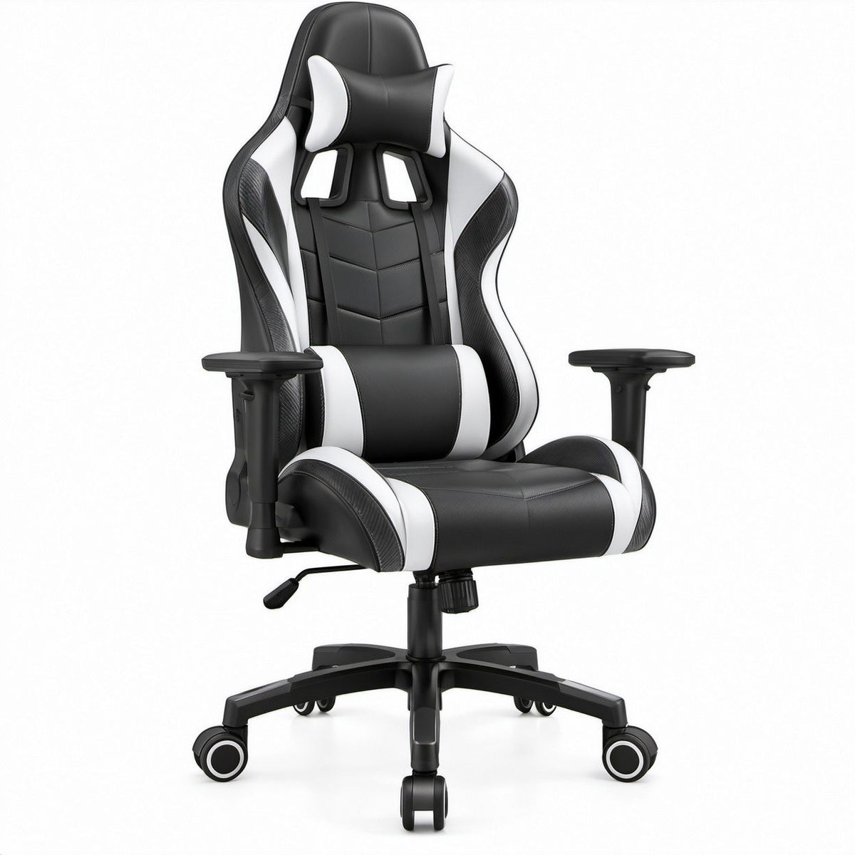 Cadeira de Gaming Ergonómica Preta e Branca em Couro Sintético PU, 68 x 68 x 123-133 cm