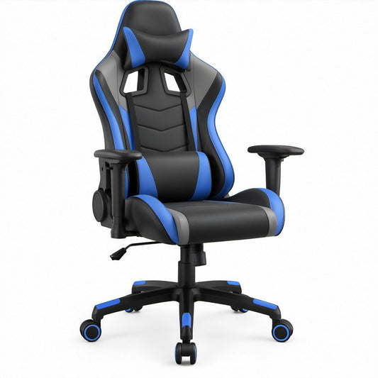 Cadeira Gaming Ergonómica em Couro Sintético PU Preto, Azul e Cinzento 66 x 70 x 125-135 cm