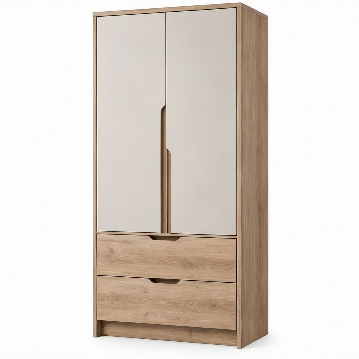 Guarda-roupa de 2 Portas e 2 Gavetas em Carvalho Natural e Bege, 80 x 52 x 200 cm