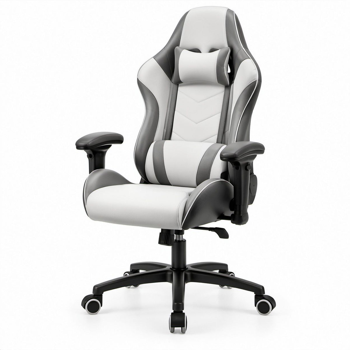 Cadeira Gaming Ergonómica Reclinável em Pele Sintética PU Cinzento, Branco e Preto 66 x 70 x 123-133 cm