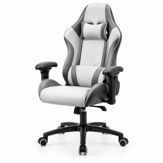 Cadeira Gaming Ergonómica Reclinável em Pele Sintética PU Cinzento, Branco e Preto 66 x 70 x 123-133 cm