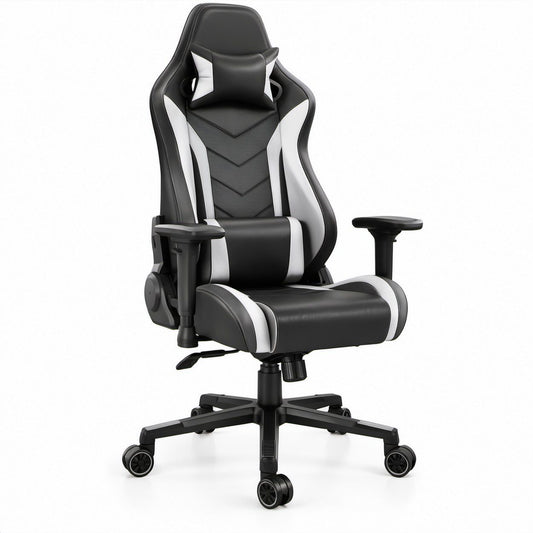 Cadeira Gaming Ergonómica Preta e Branca em Pele Sintética PU, 68 x 68 x 122-132 cm