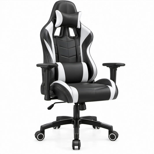 Cadeira de Gaming Ergonómica Preta e Branca em Couro Sintético PU, 68 x 68 x 123-133 cm