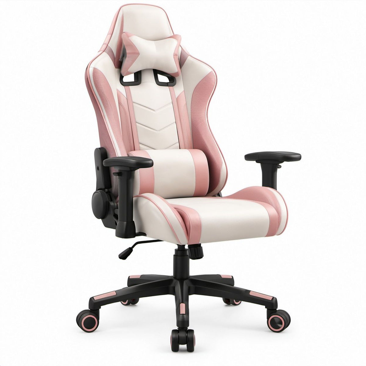 Cadeira Gaming Ergonómica Rosa, Branca e Preta em Pele Sintética PU, 66 x 66 x 125-135 cm
