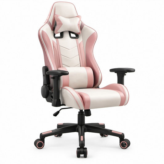 Cadeira Gaming Ergonómica Rosa, Branca e Preta em Pele Sintética PU, 66 x 66 x 125-135 cm