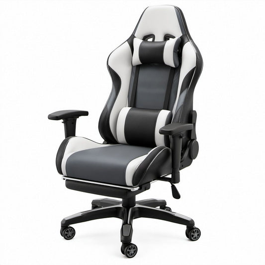 Cadeira Gaming Ergonómica Reclinável em Pele Sintética PU Preta, Branca e Cinzenta 68 x 70 x 125-135 cm