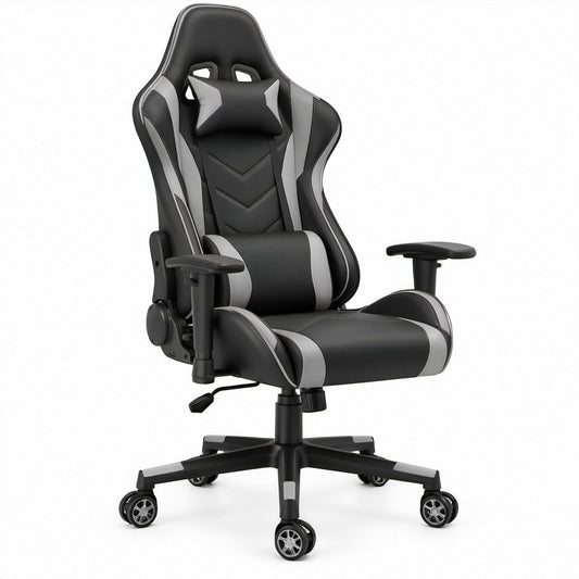 Cadeira Gaming Reclinável em Pele Sintética PU Preta e Cinzenta 68 x 70 x 118-128 cm
